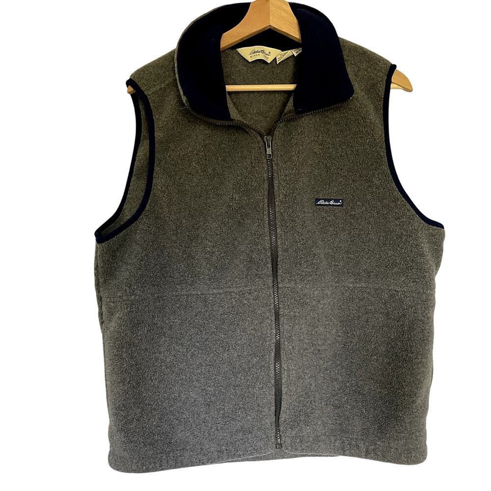 Eddie Bauer men's fleece full zip vest size medium pockets navy detail gray